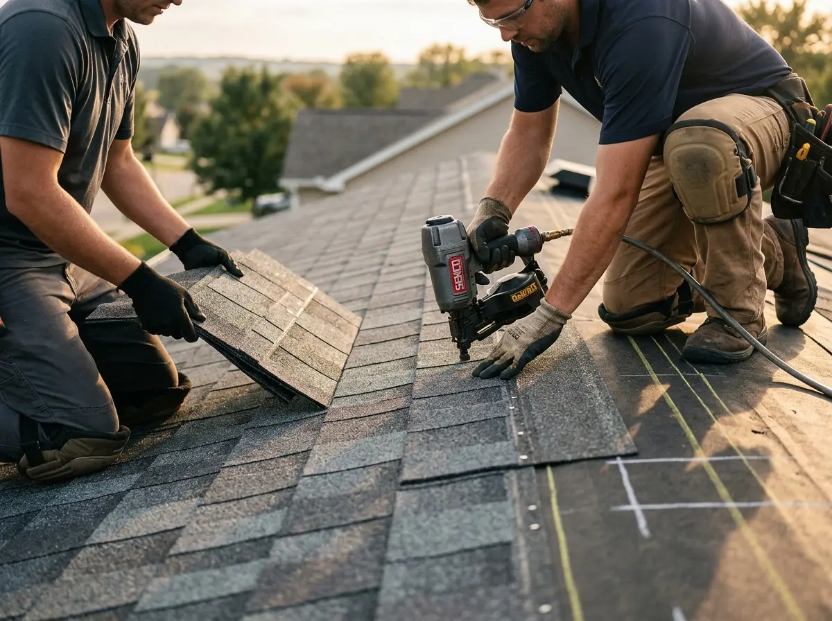 Professional roofer working on a residential roof in Trotwood